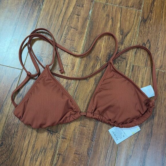 NWT Shade & Shore Small (4-6) Removable Pads Brown Bikini Triangle Ribbed Top - Picture 2 of 7